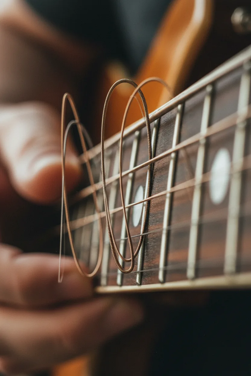 A real macro photograph of guitar strings mid-strum with fingers in soft focus