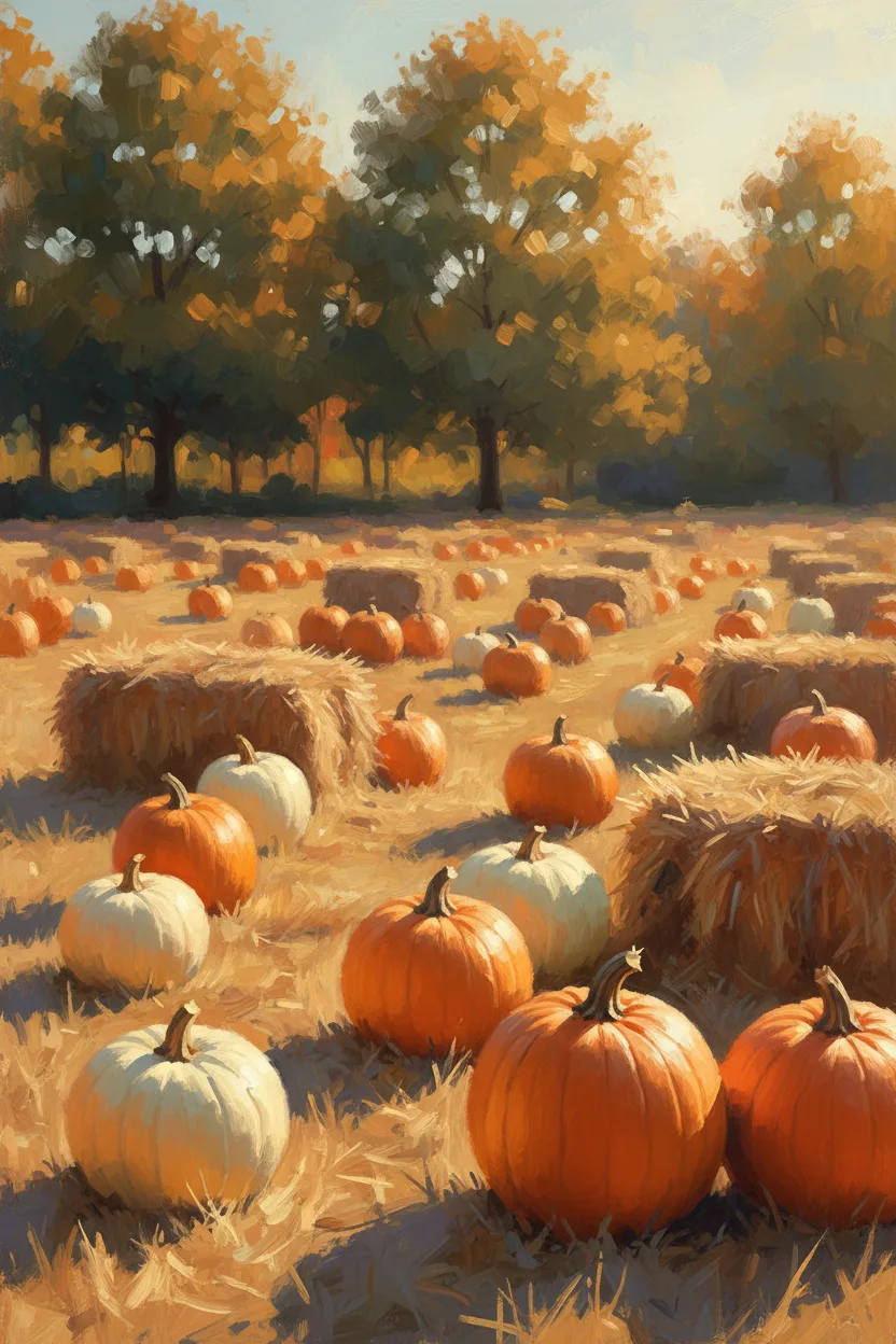 A charming pumpkin patch at golden hour with hay bales