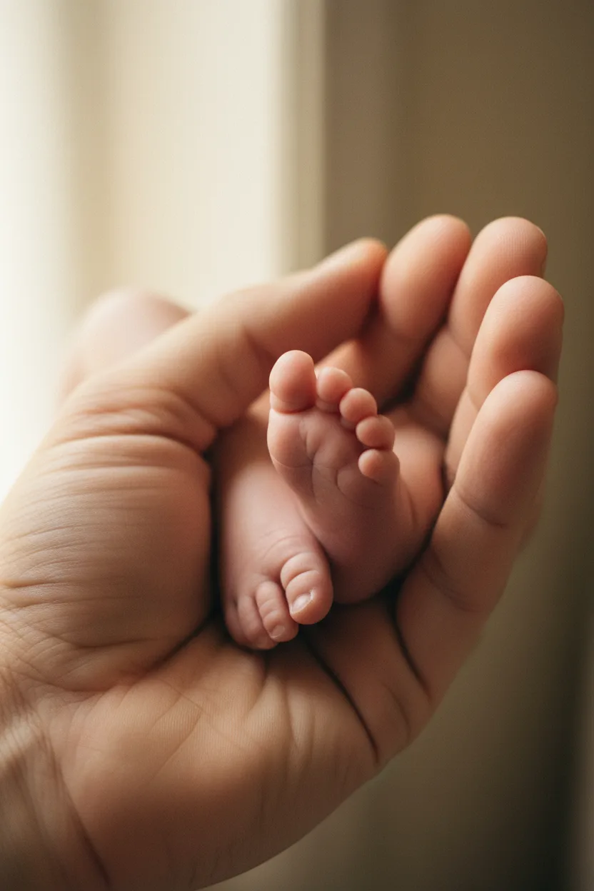 A parent's hand cradling a newborn foot