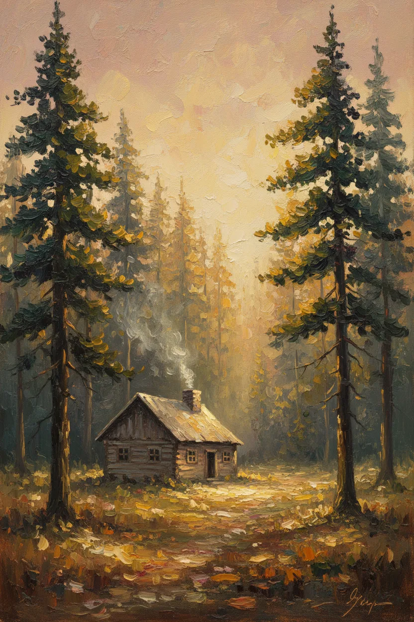 A wooden cabin in a forest clearing with smoke from the chimney