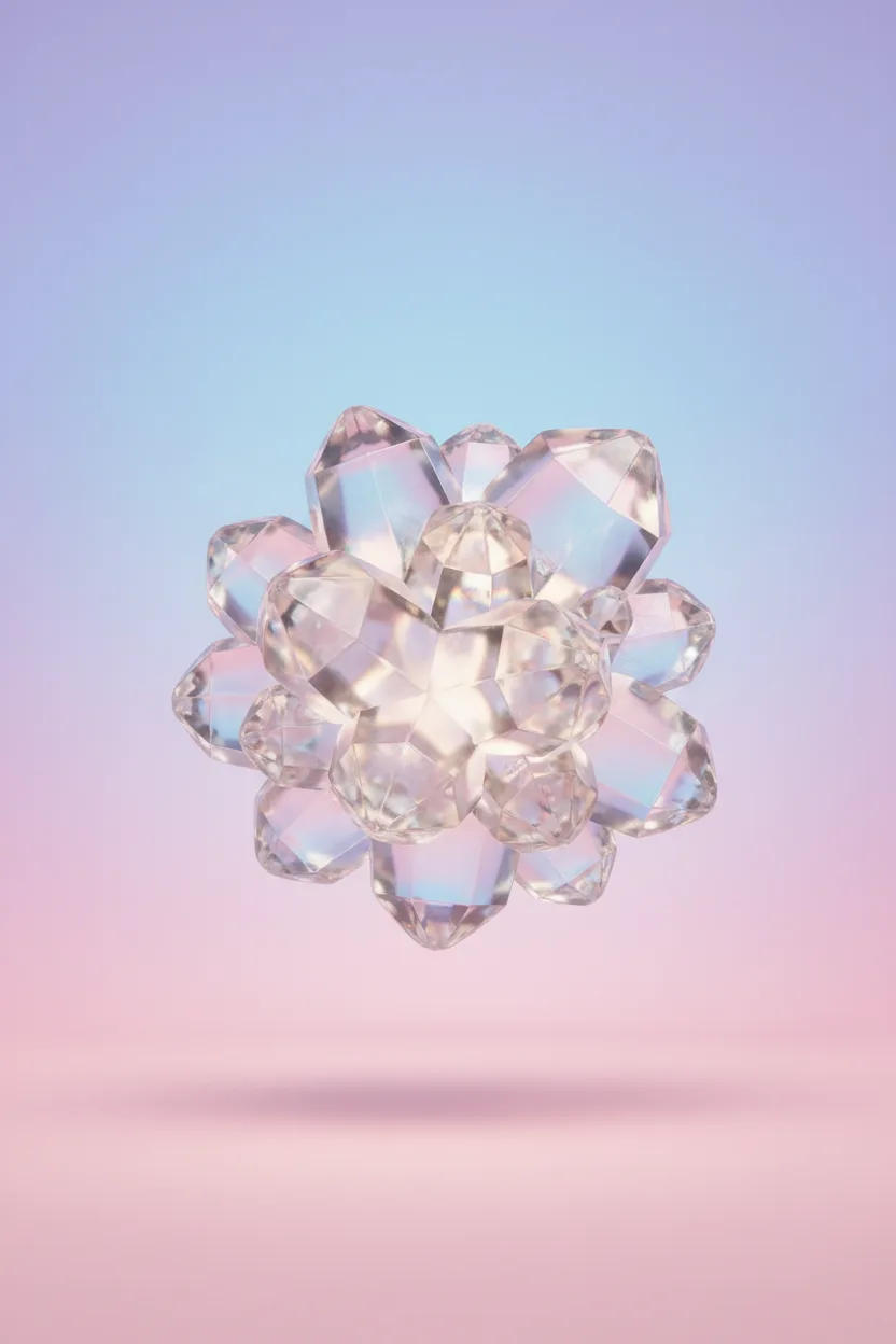 A 3D CGI render of a floating translucent crystal cluster