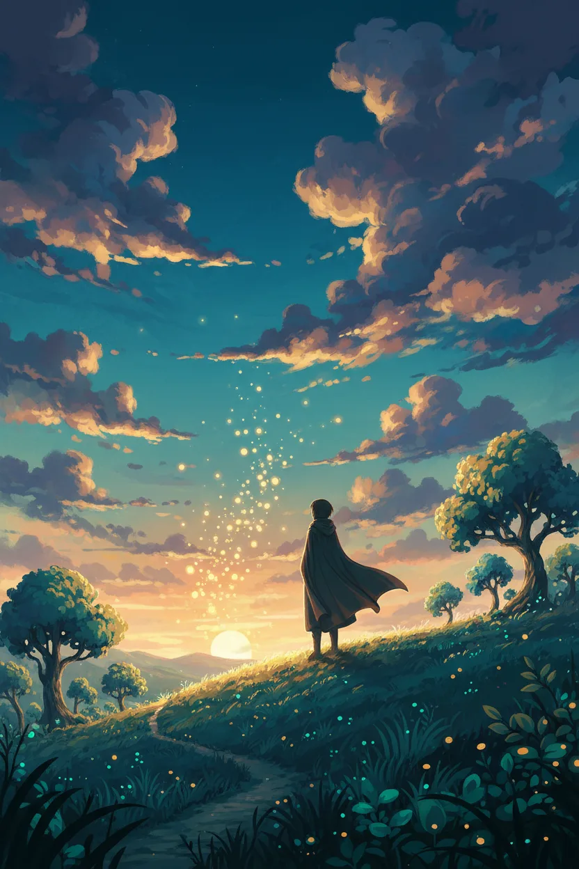 An anime scene of a lone figure on a hilltop at twilight with fireflies