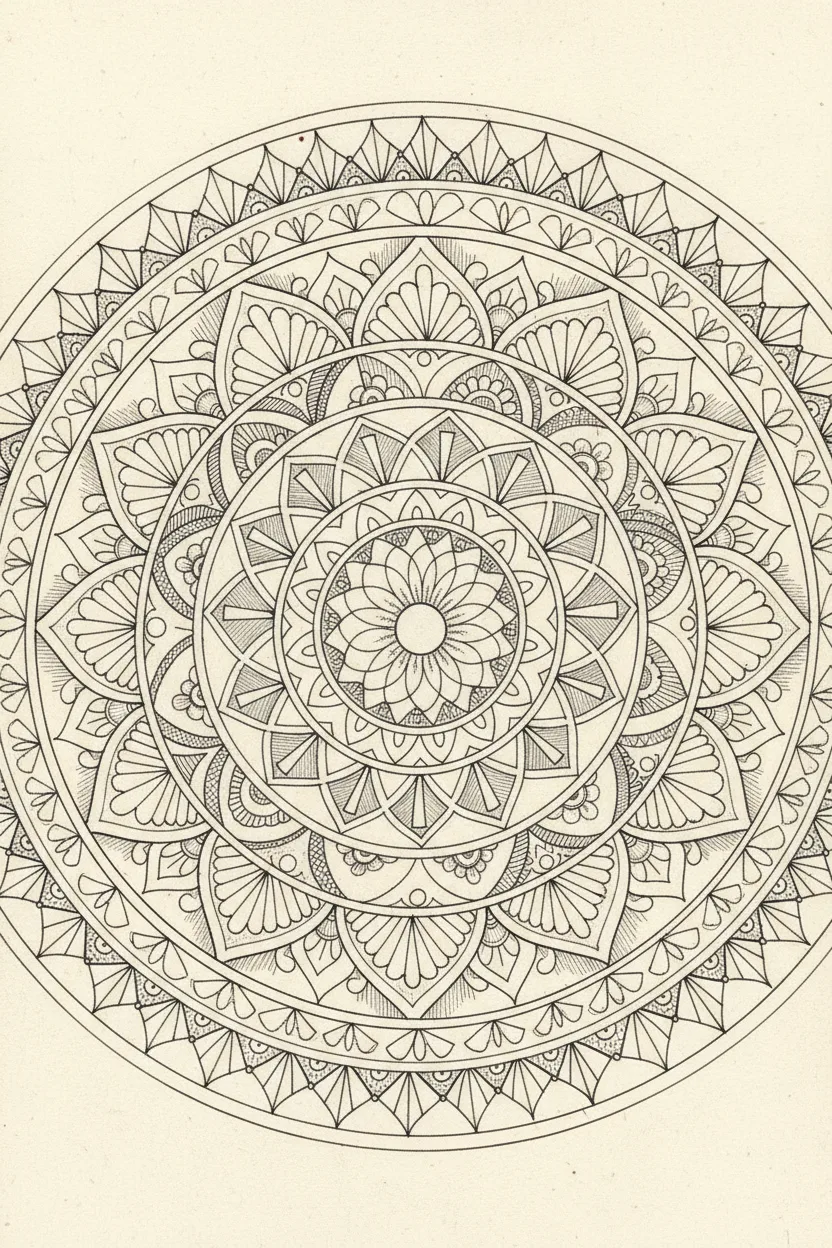A black ink line drawing of an intricate ornamental mandala pattern