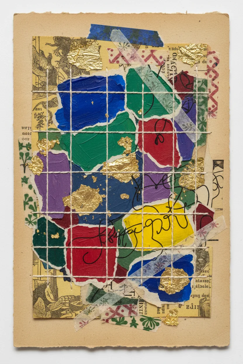 A mixed-media abstract collage with paint swatches, gold leaf, ink