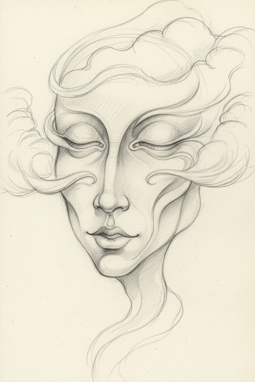A pencil sketch of an abstract face emerging from clouds