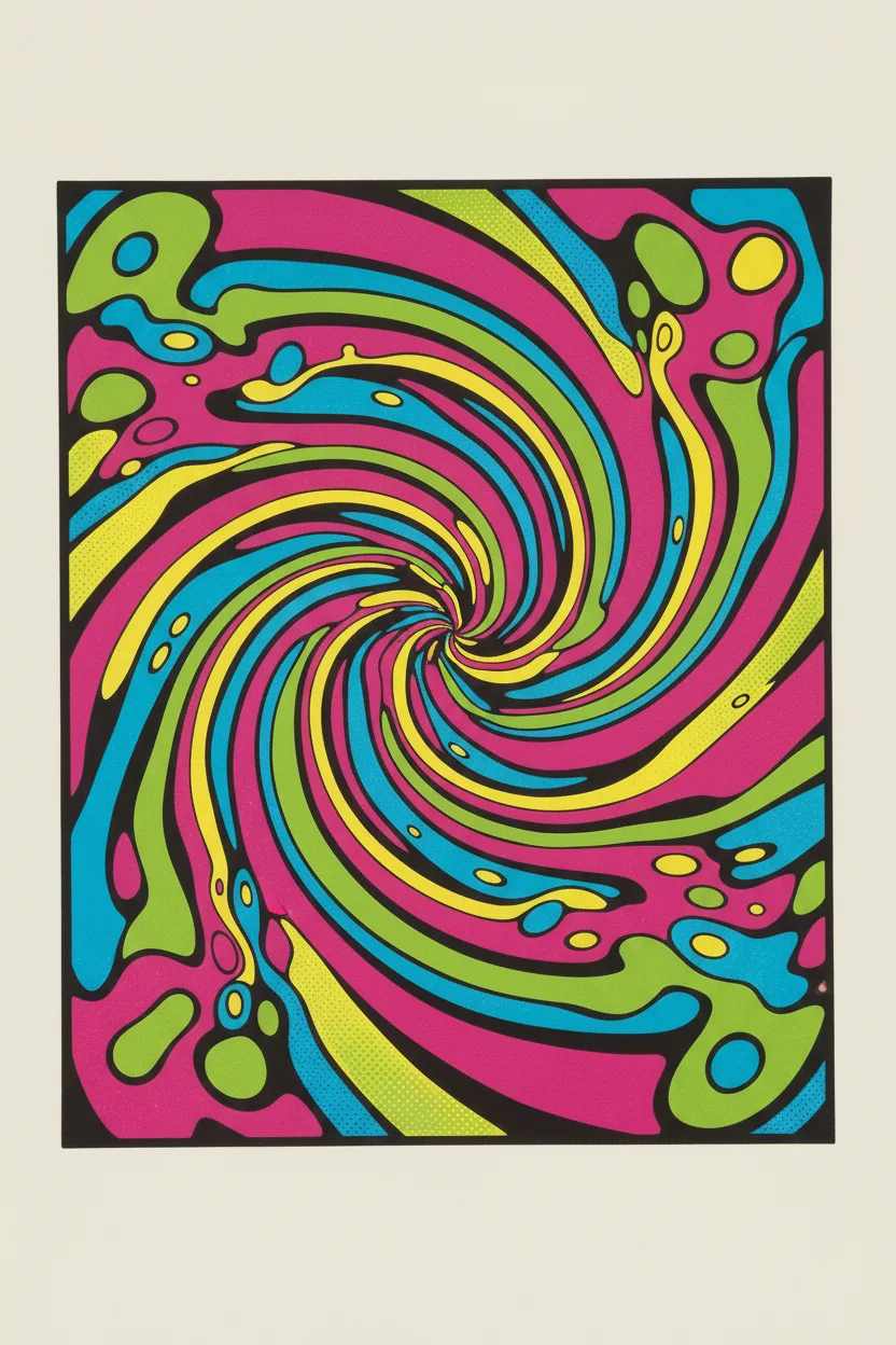A pop-art psychedelic screenprint of swirling circles and shapes