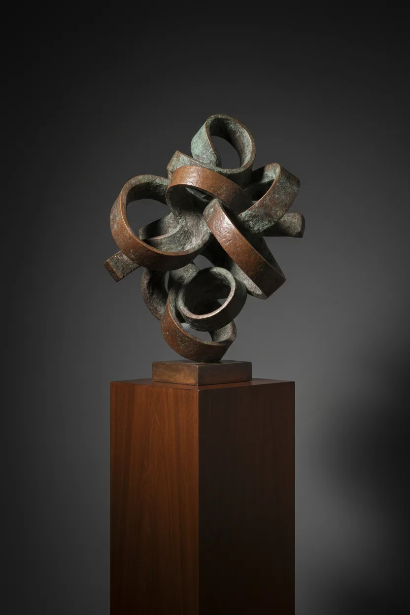 An abstract bronze sculpture of swirling intertwined ribbons