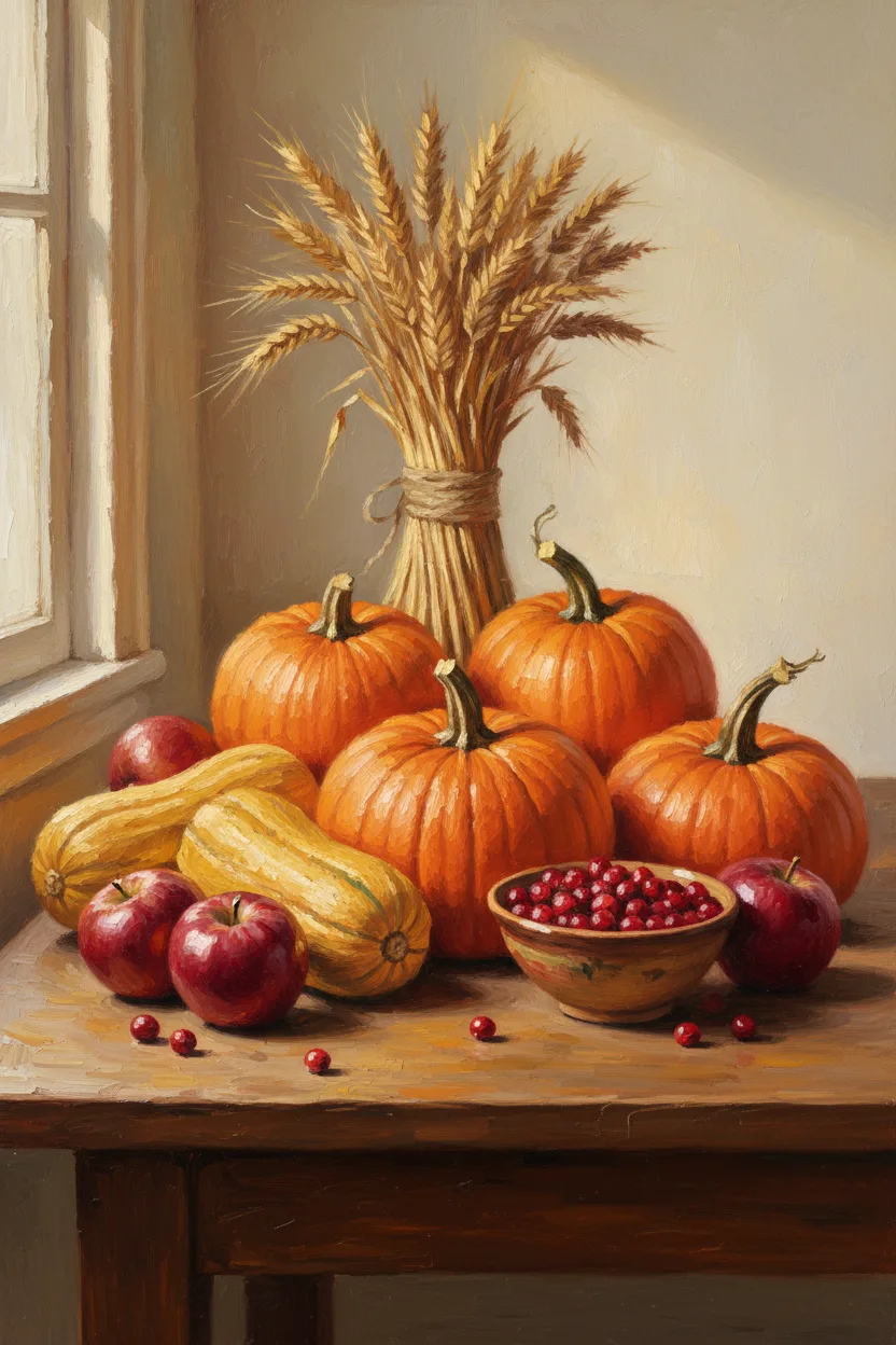 A wooden harvest table laden with pumpkins, apples, and wheat