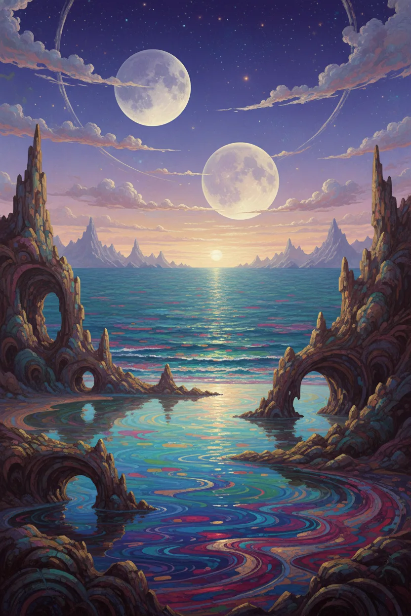 Surreal dreamlike hidden lagoon beneath twin moons