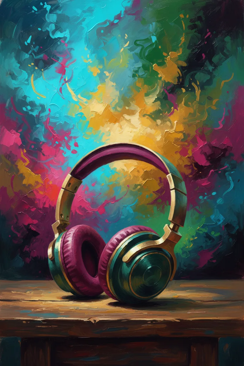 Headphones on a wooden table against a vibrant abstract painted background