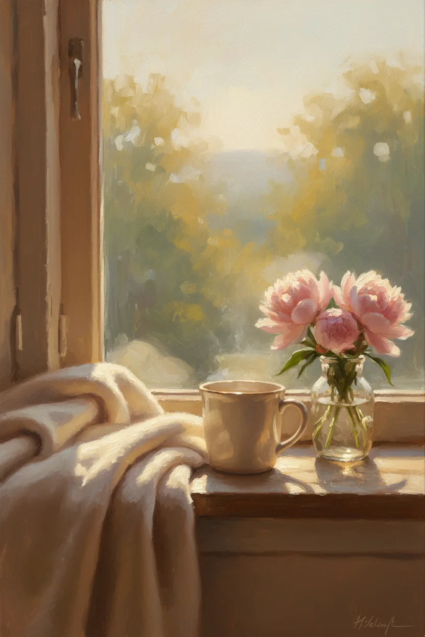 A steaming mug of tea on a sunlit windowsill with peonies