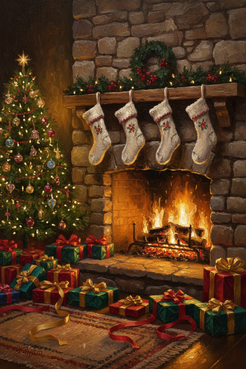 A glowing fireplace with stockings and a small Christmas tree