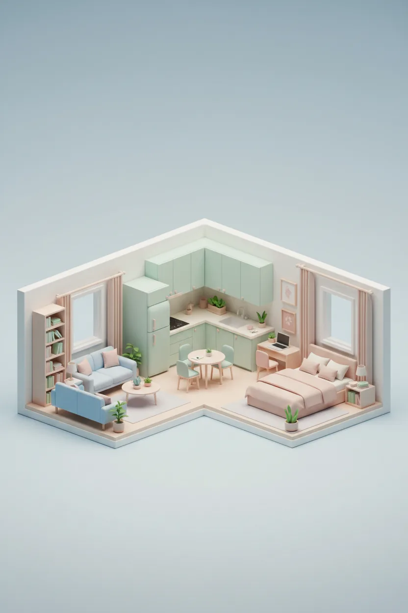 A 3D isometric CGI render of a cutaway modern apartment