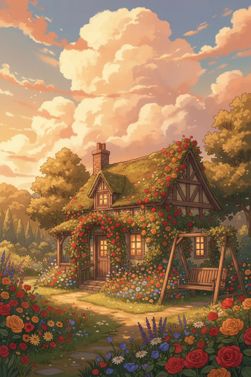 An anime scene of a flower-covered cottage at golden hour