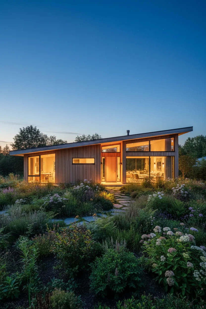 A modern Scandinavian home exterior at twilight with warm windows