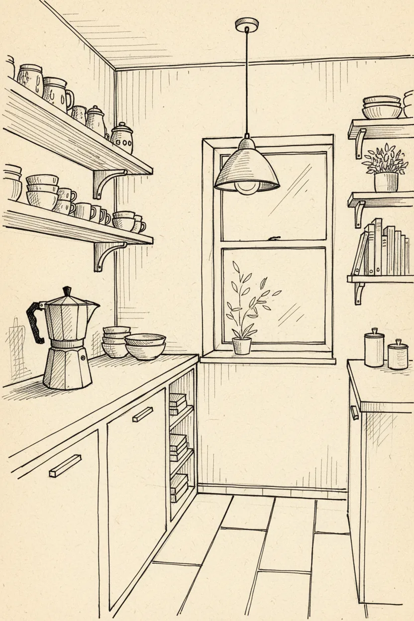 A black ink line drawing of a cozy kitchen interior with hanging lamp