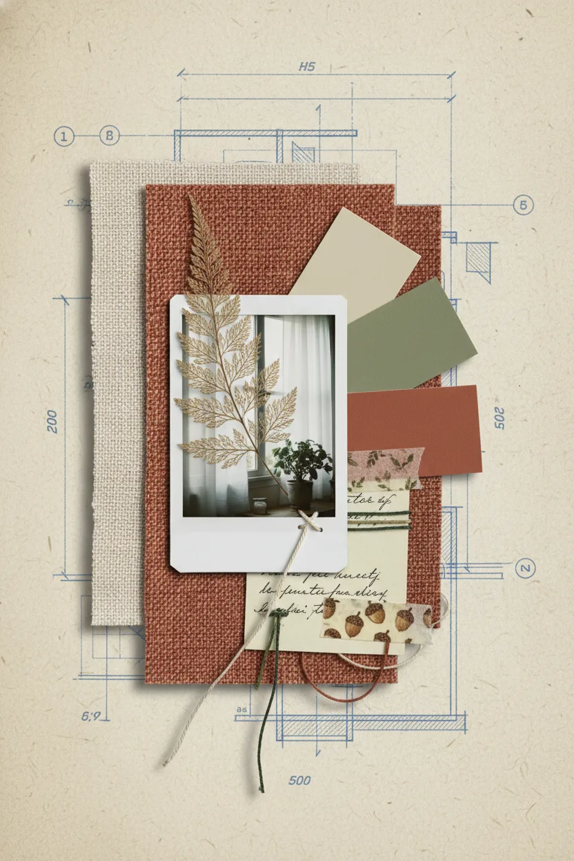A mixed-media collage of architectural blueprint, fabric swatches, polaroid