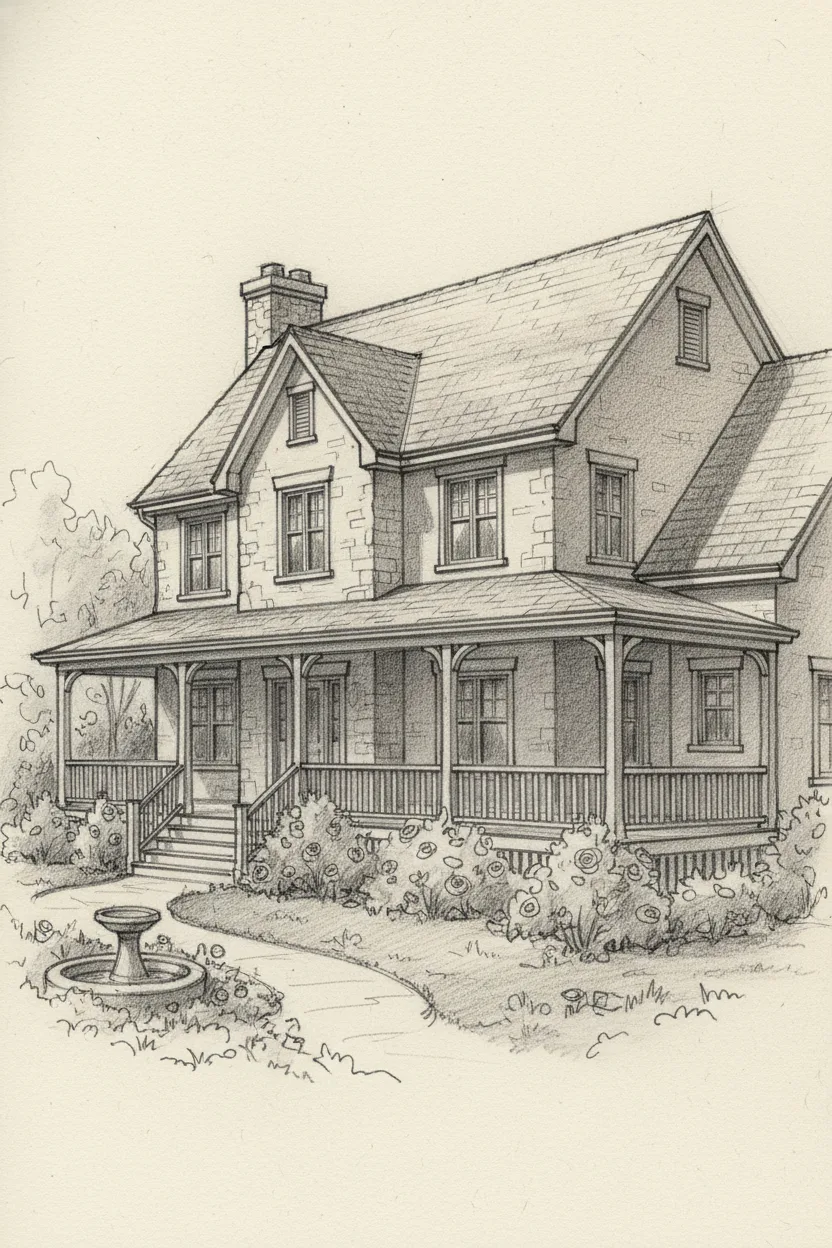 A pencil architectural sketch of a family home on cream paper