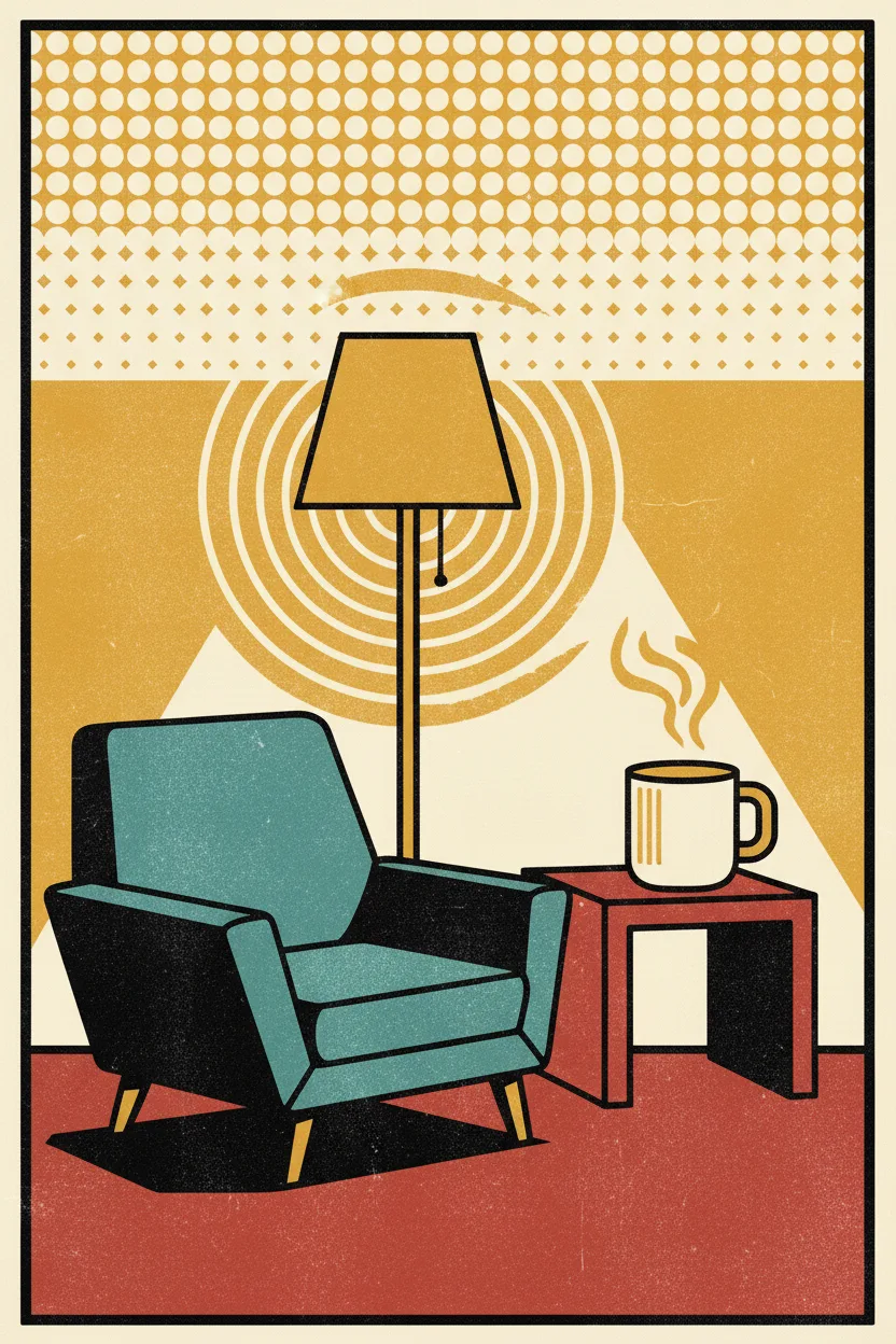 A pop-art screenprint of a stylized living-room interior