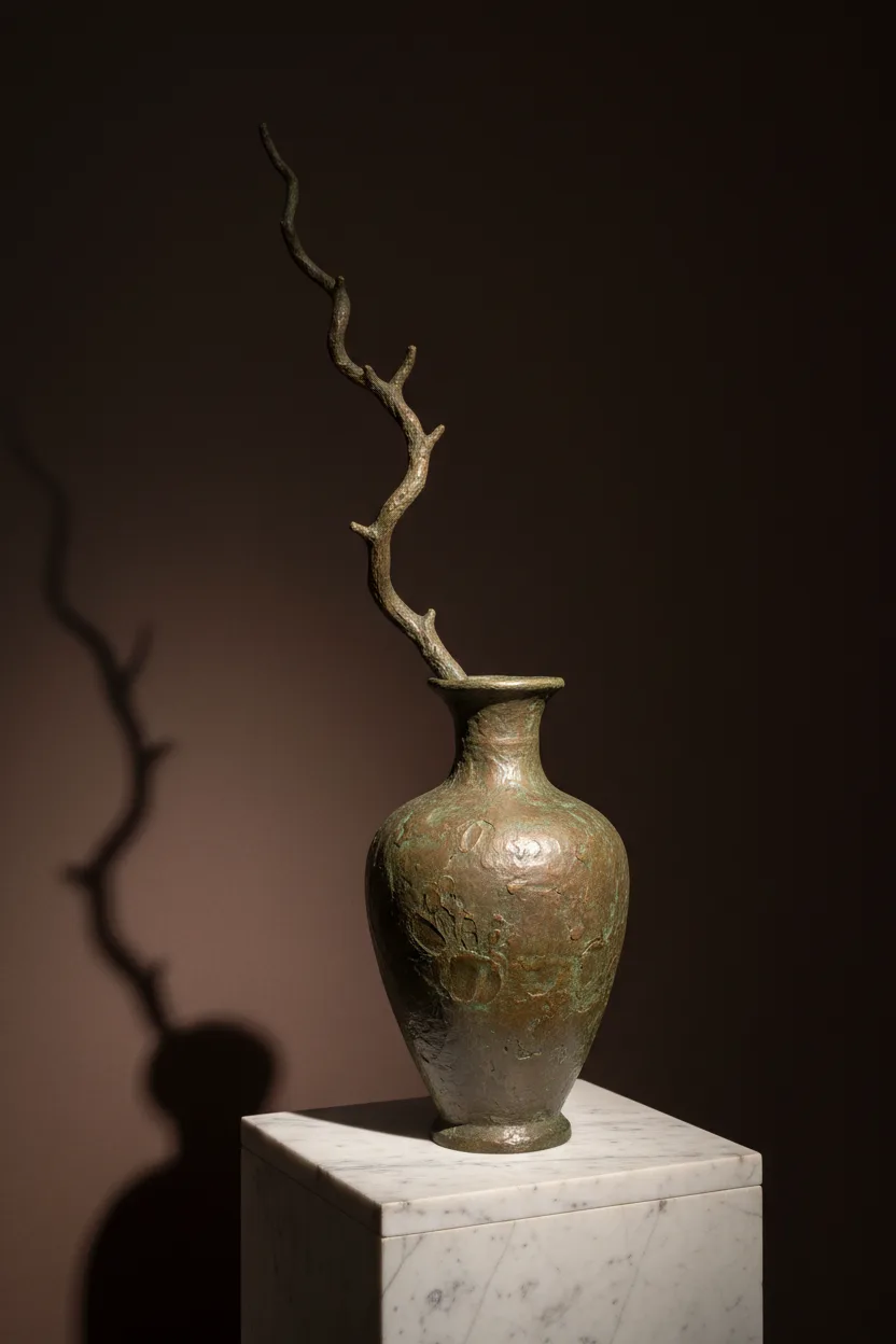A still-life of a handmade ceramic vase with dried branch