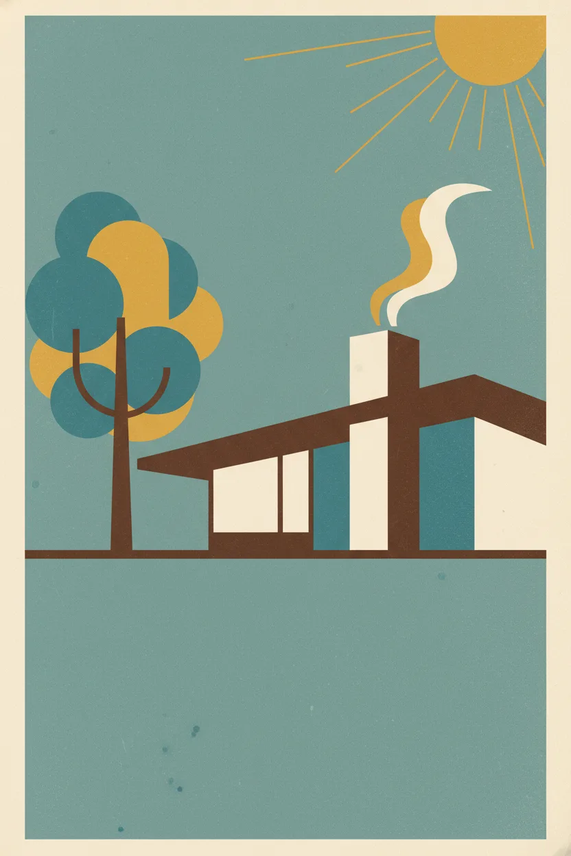 A vintage mid-century-modern poster of a stylized home exterior