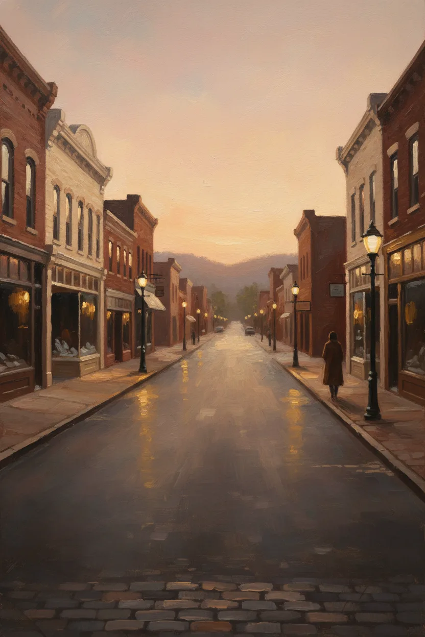 A nostalgic small-town main street at golden hour