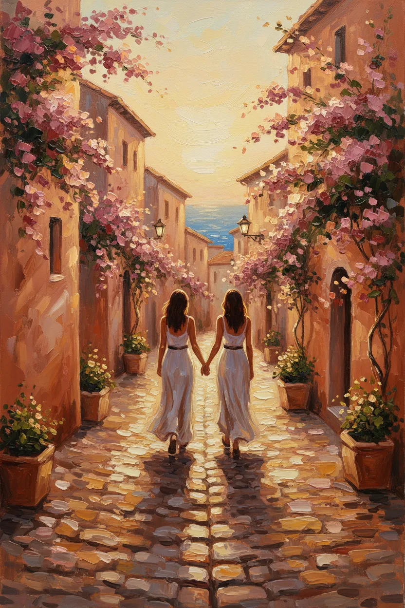 A couple walking a Mediterranean village street at golden hour