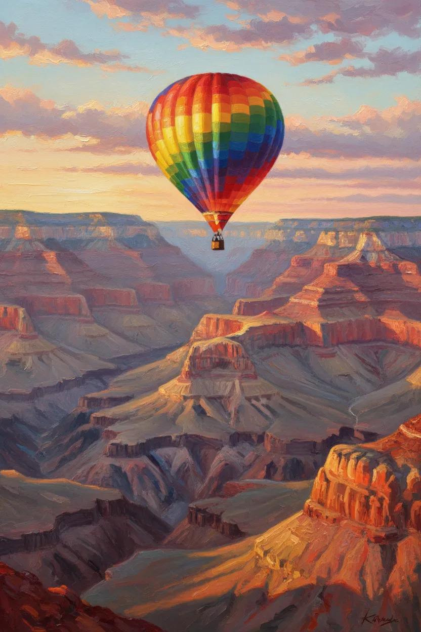 A colorful striped hot-air balloon drifting over a vast canyon at golden hour
