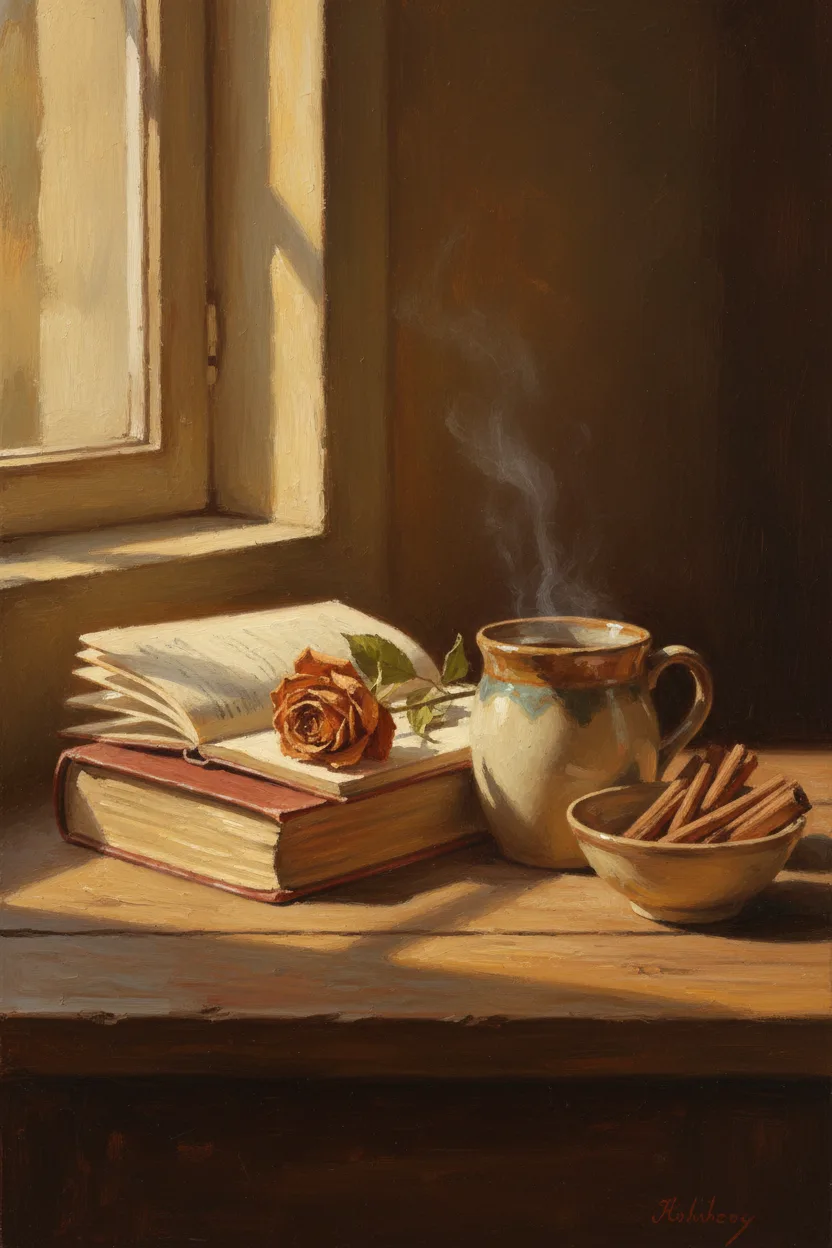 Cozy painterly still-life of a warm coffee mug and open book