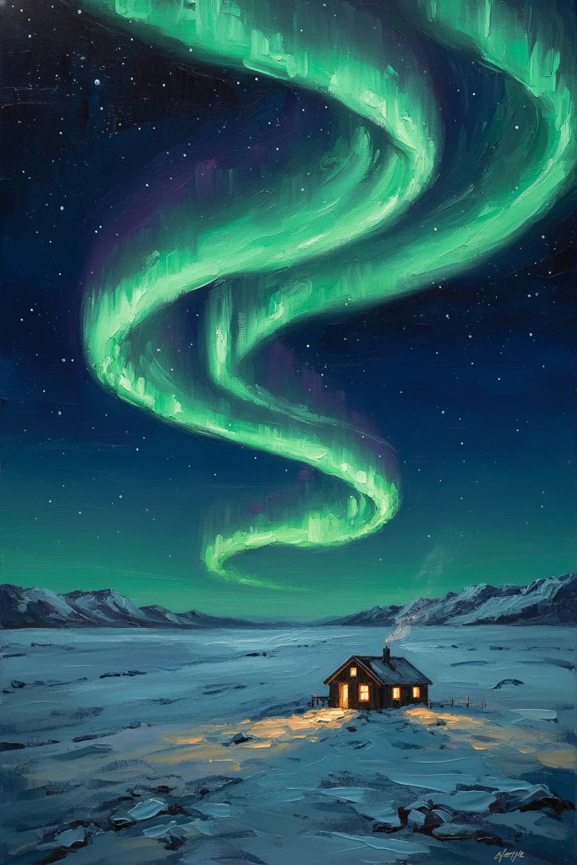 A snowy plain with vibrant aurora borealis in the night sky