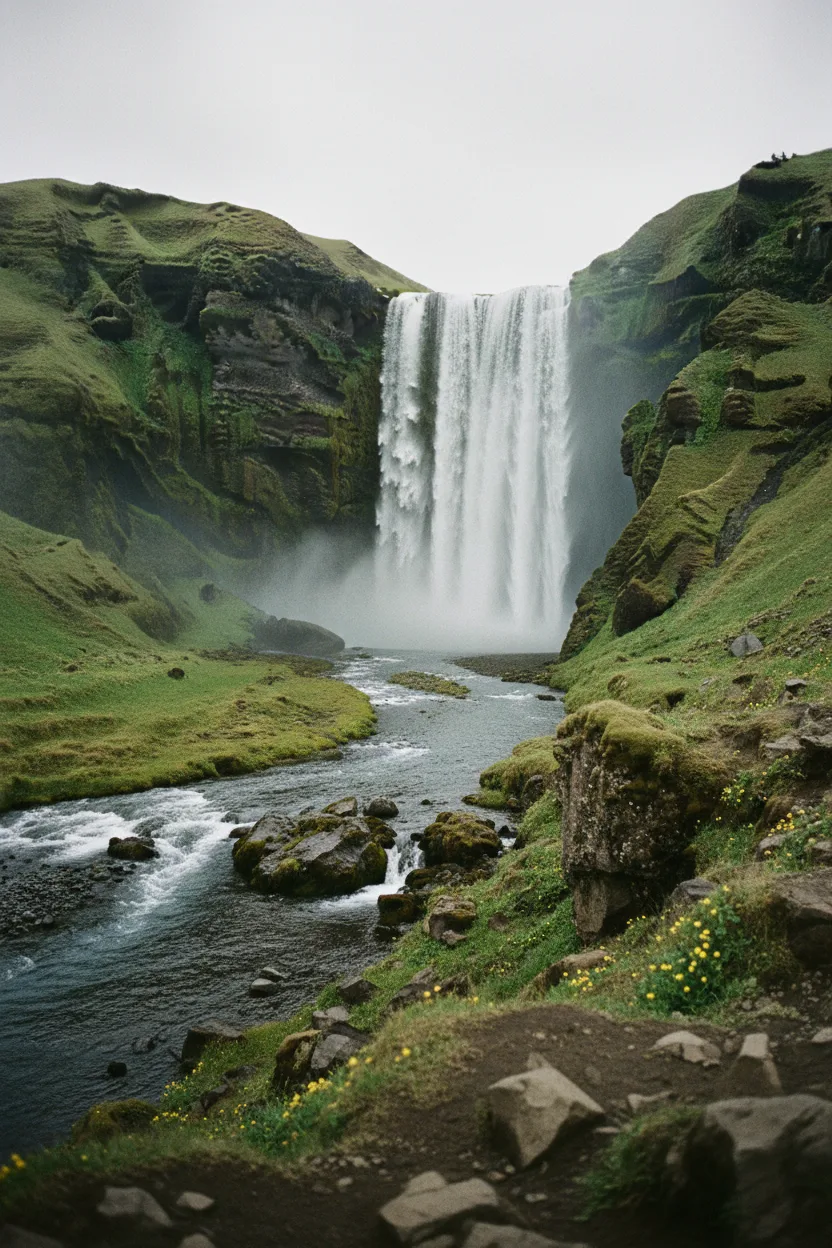 A real photograph of Iceland's Skogafoss waterfall in soft overcast light