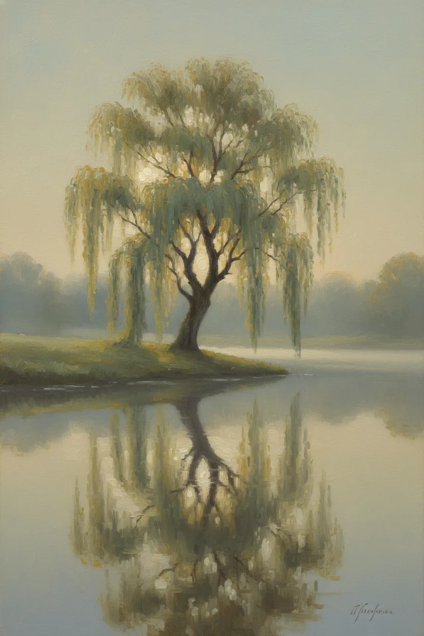 Tender memorial scene of a willow beside a still pond at dawn