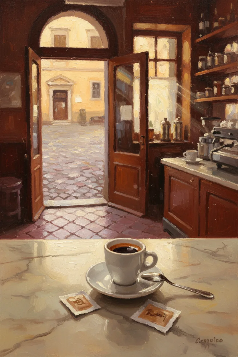 An Italian piazza espresso bar with a demitasse on marble at golden hour