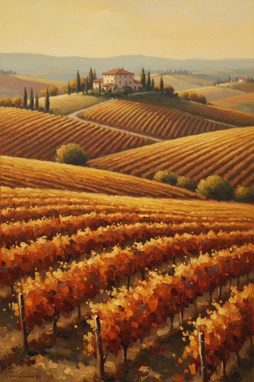 Rows of Italian vineyards stretching toward a stone villa