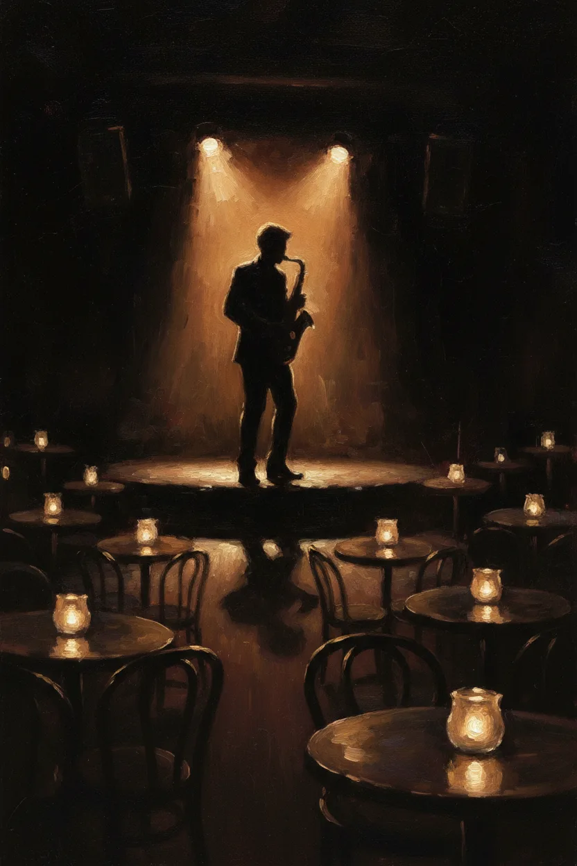 A silhouetted saxophone player under a warm amber spotlight at a jazz club