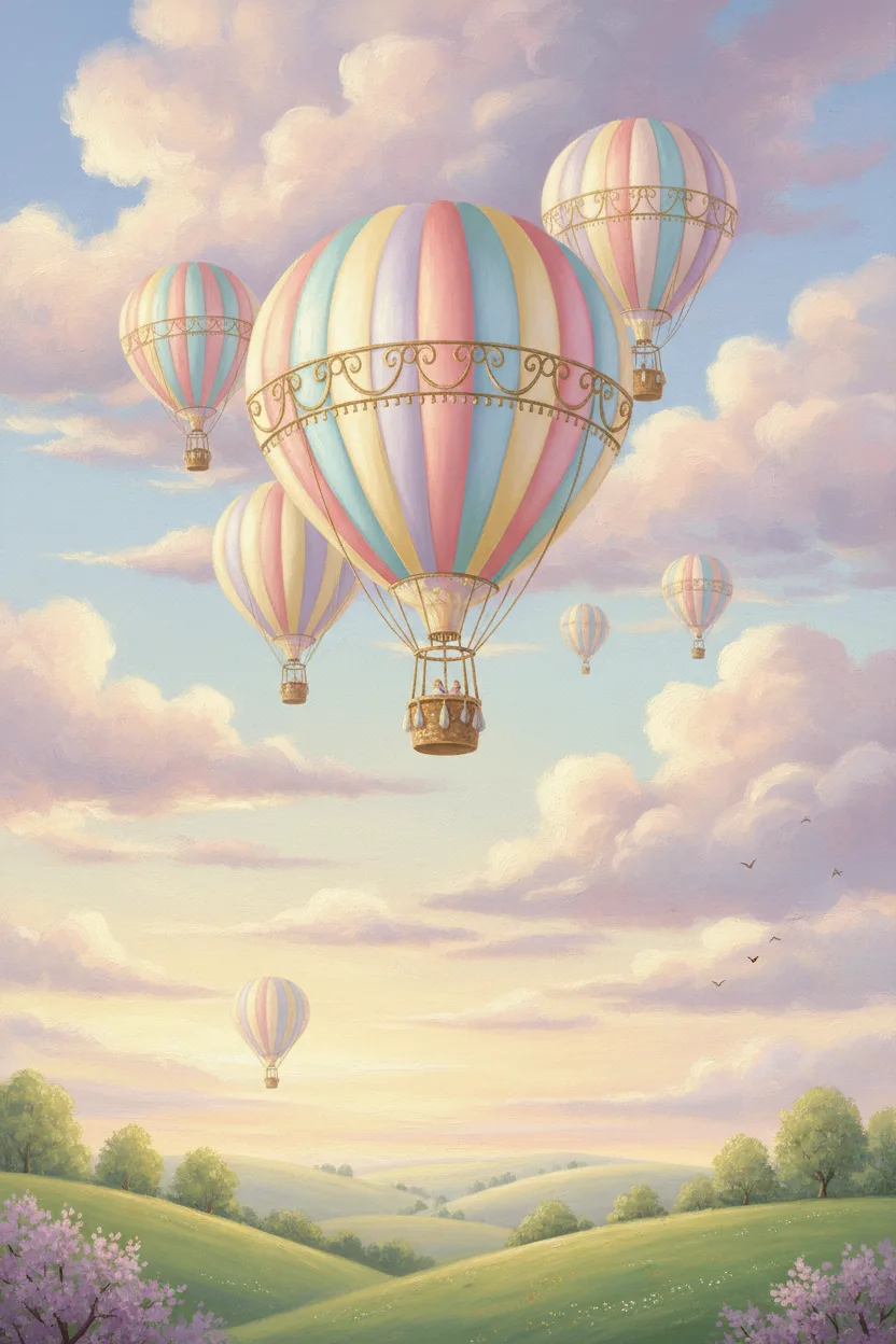Whimsical pastel hot-air balloons drifting over rolling hills