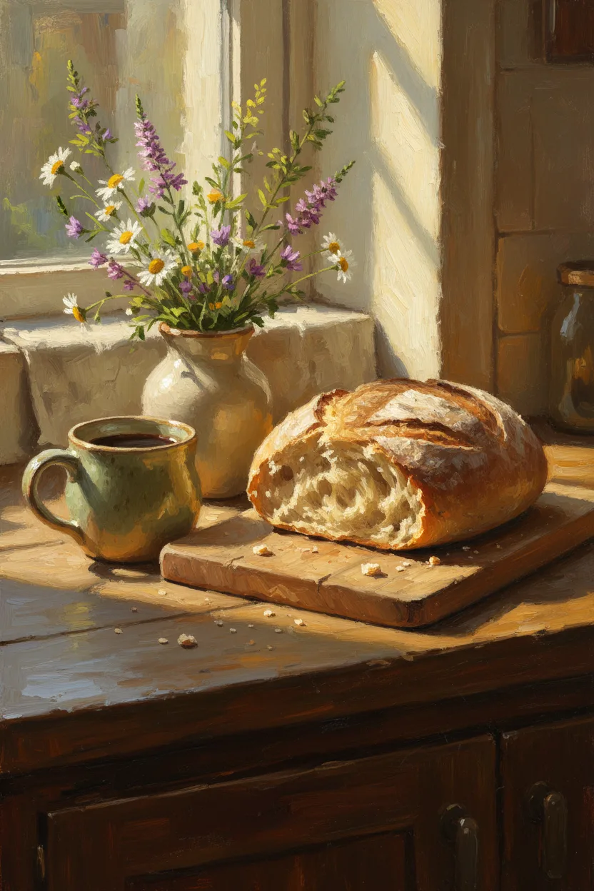 A sun-dappled kitchen still-life with bread and wildflowers