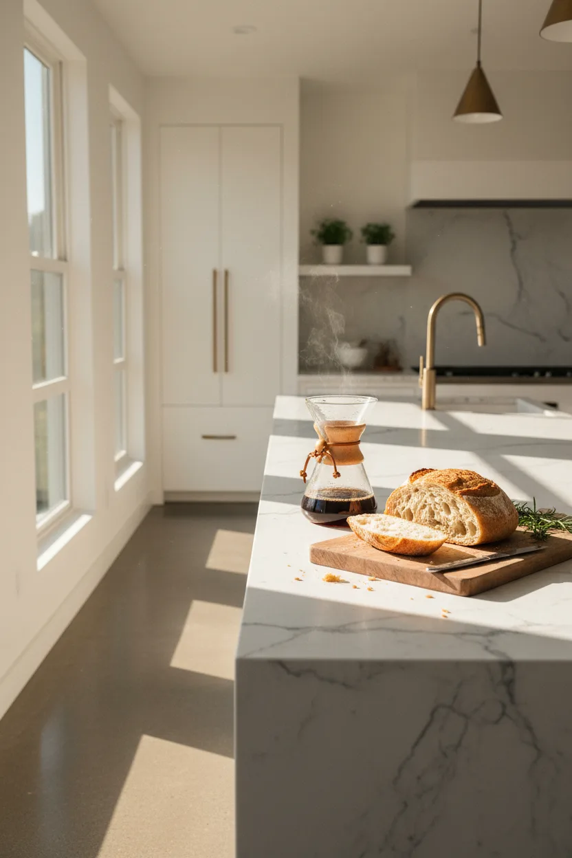 A real kitchen with morning light, marble counter, coffee, sourdough