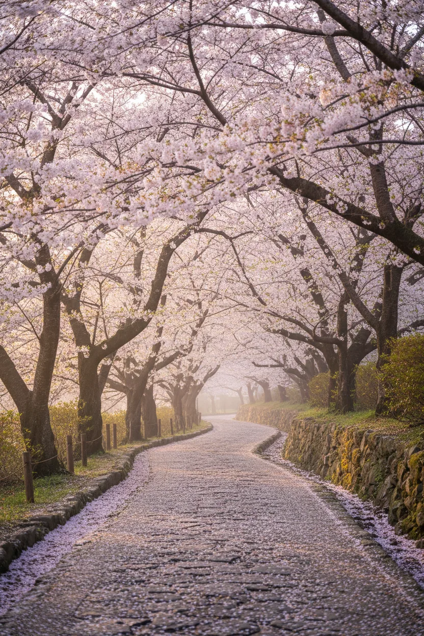 A real photograph of a Kyoto path beneath cherry blossom trees in full bloom