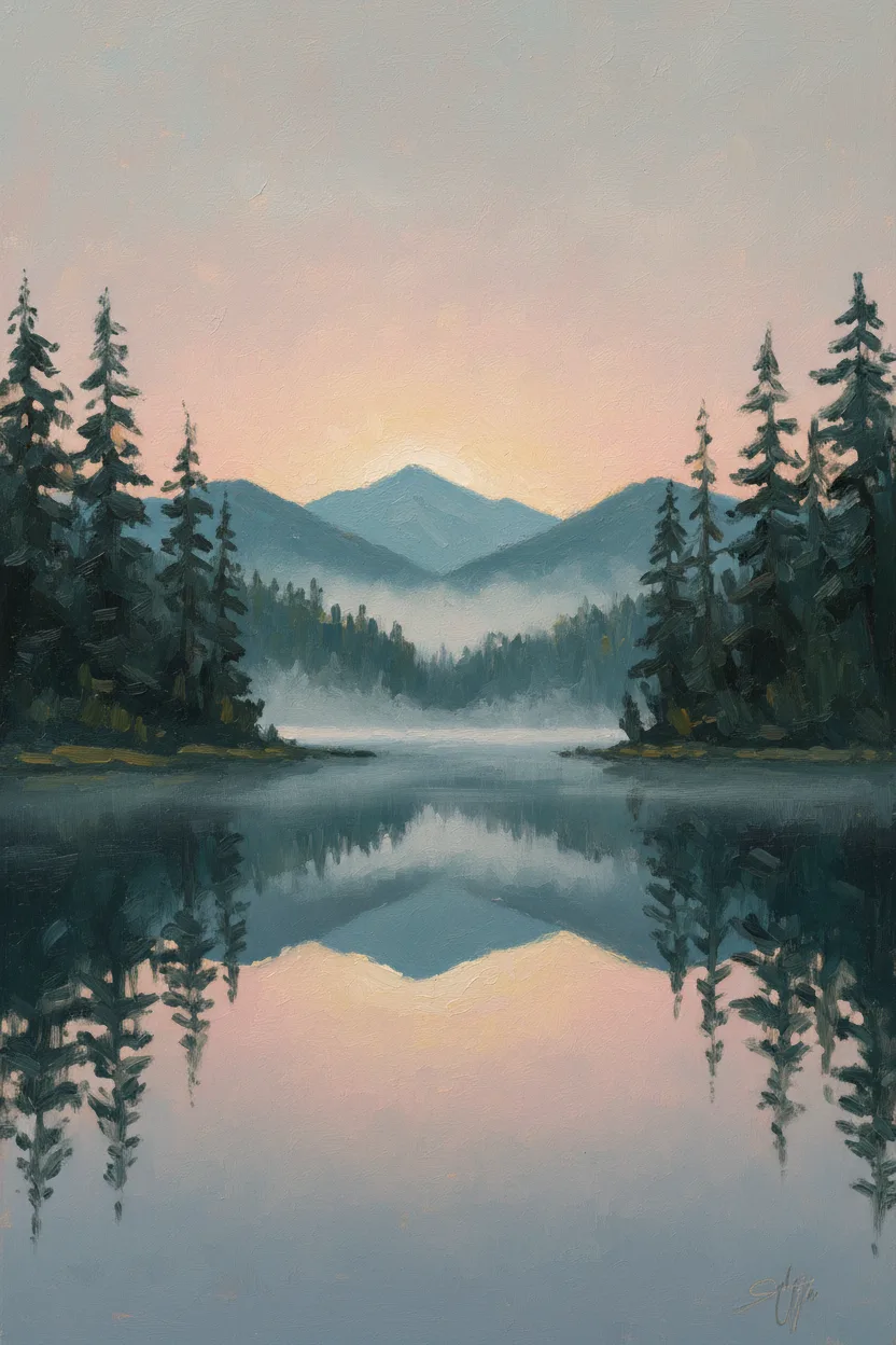 A still mirror-like mountain lake at dawn with pink sky and mist
