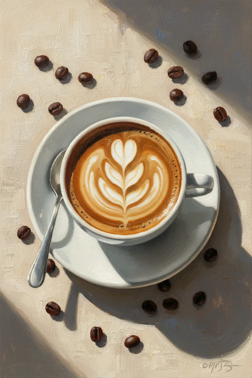 A perfect rosetta latte-art coffee on a small white saucer