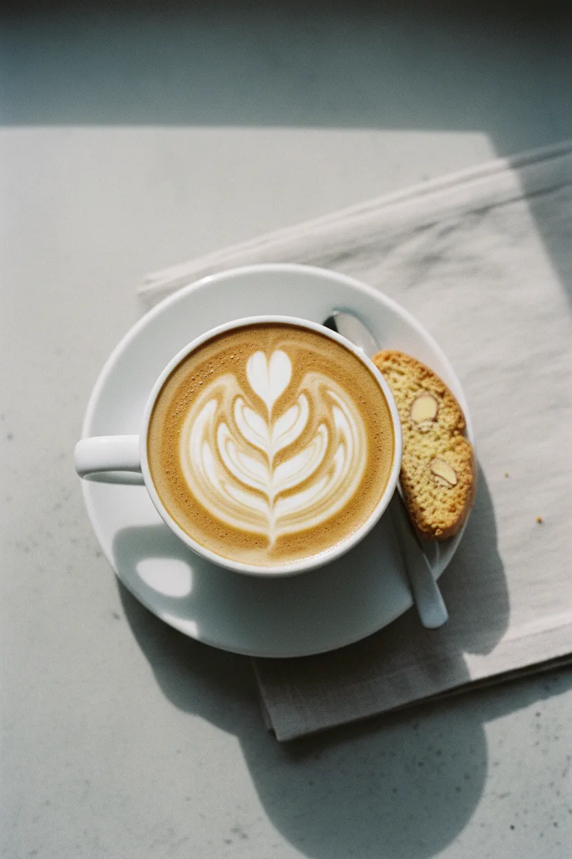 A real top-down photograph of a rosetta latte-art coffee with a biscotti