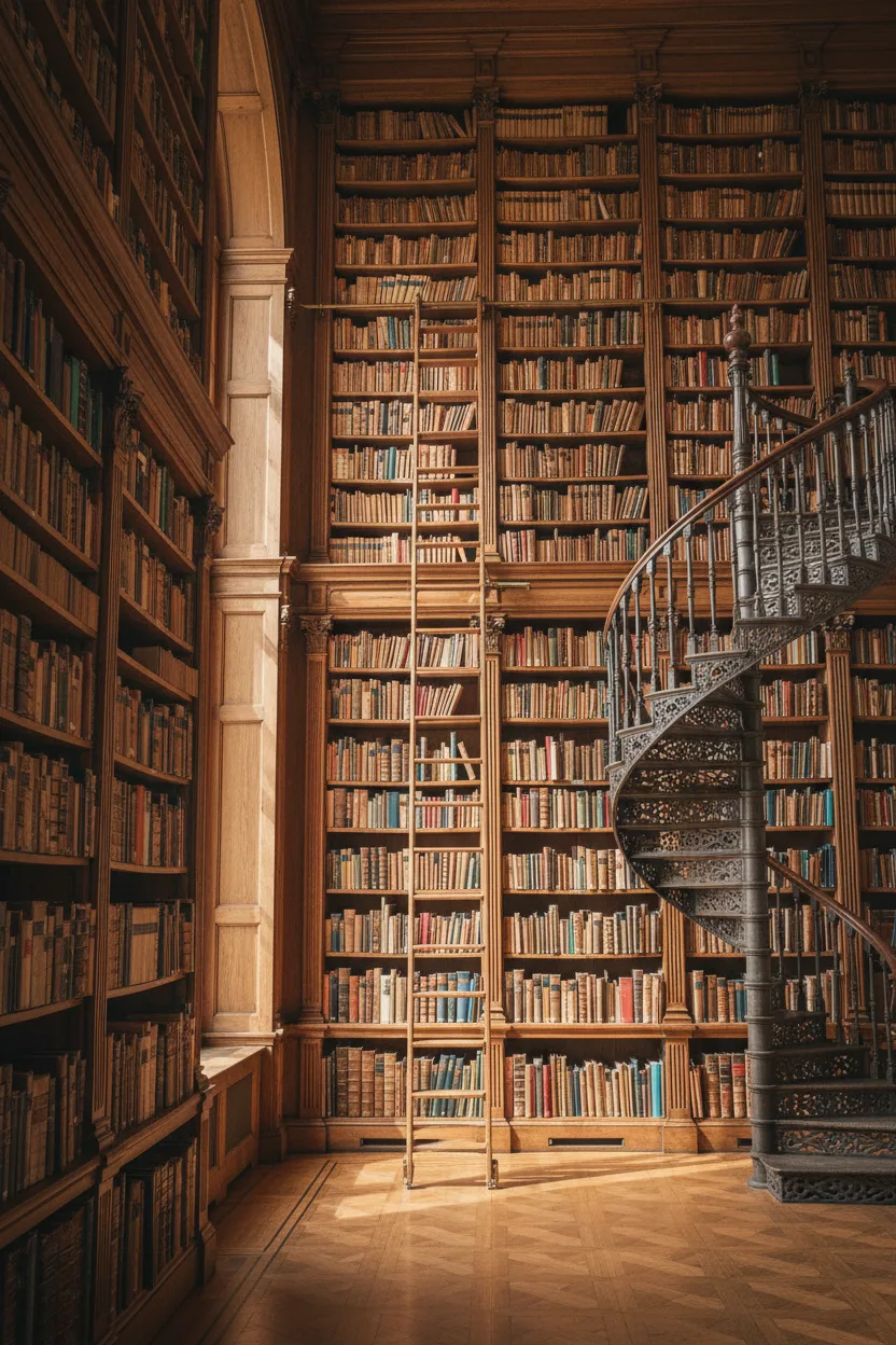 A real architectural photograph of a grand library with oak shelves and a spiral staircase