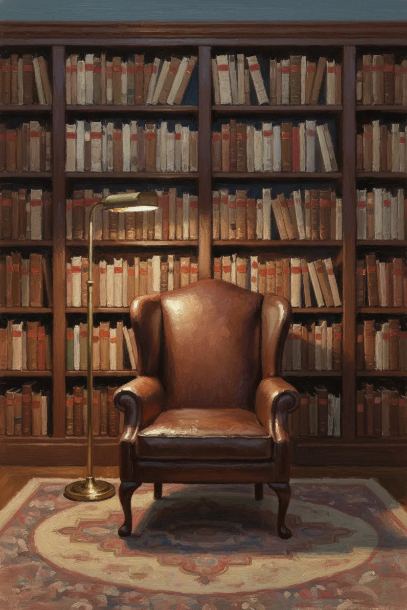 A leather wingback chair between tall bookshelves with a brass lamp