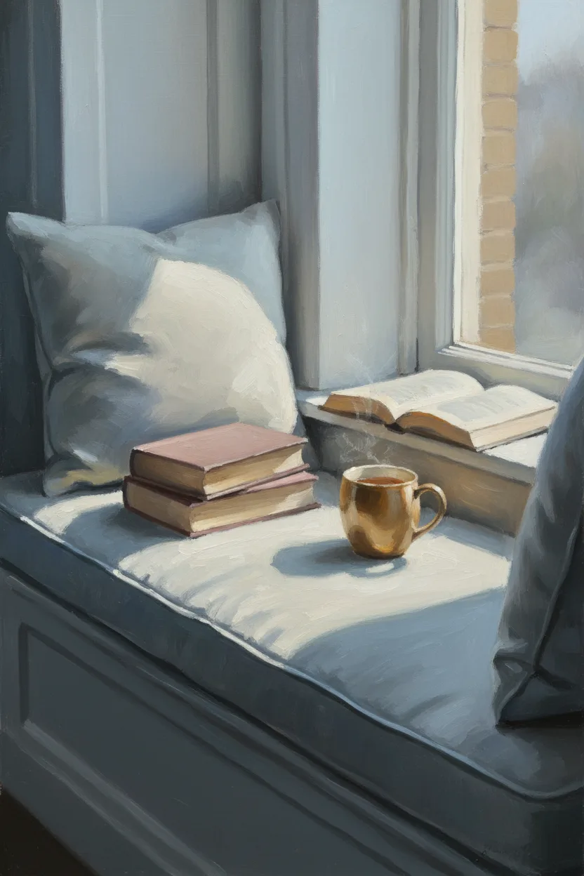 A library window seat with books, tea, and an open book