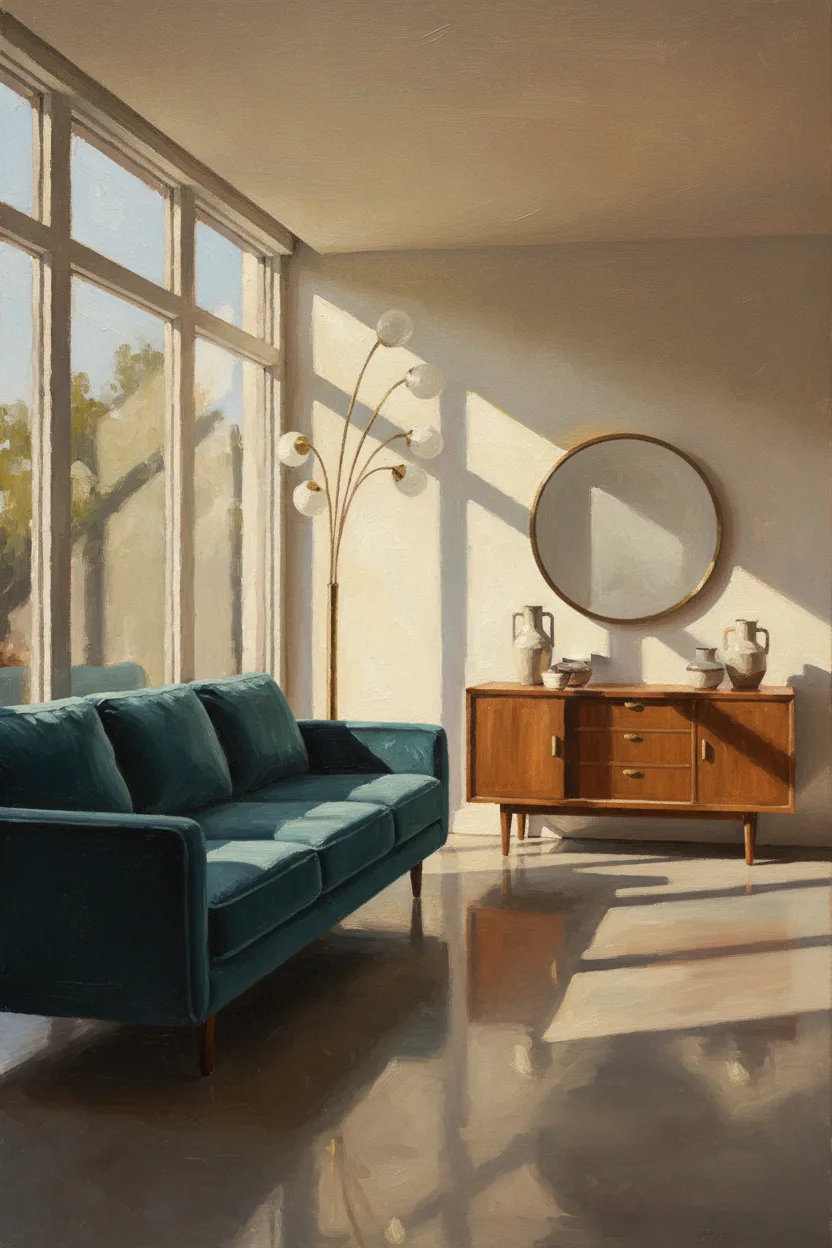 A mid-century modern living room with deep teal velvet sofa and walnut credenza