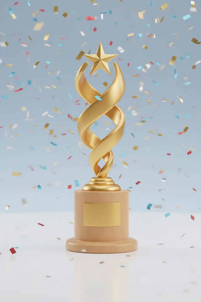 A 3D CGI render of a gold trophy with confetti frozen in air