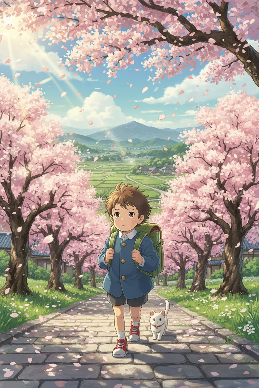 An anime scene of a child on the first day of school walking under cherry blossoms