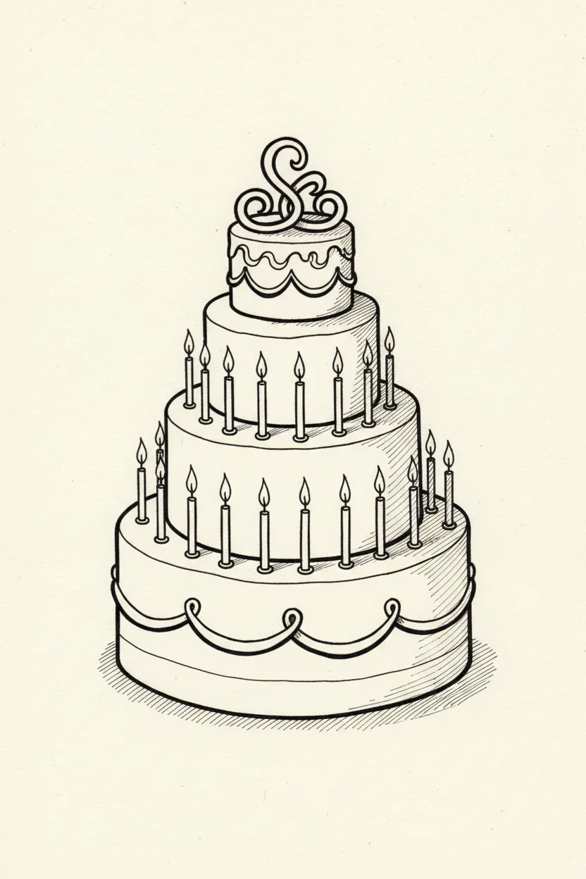 A black ink line drawing of a tall birthday cake with candles