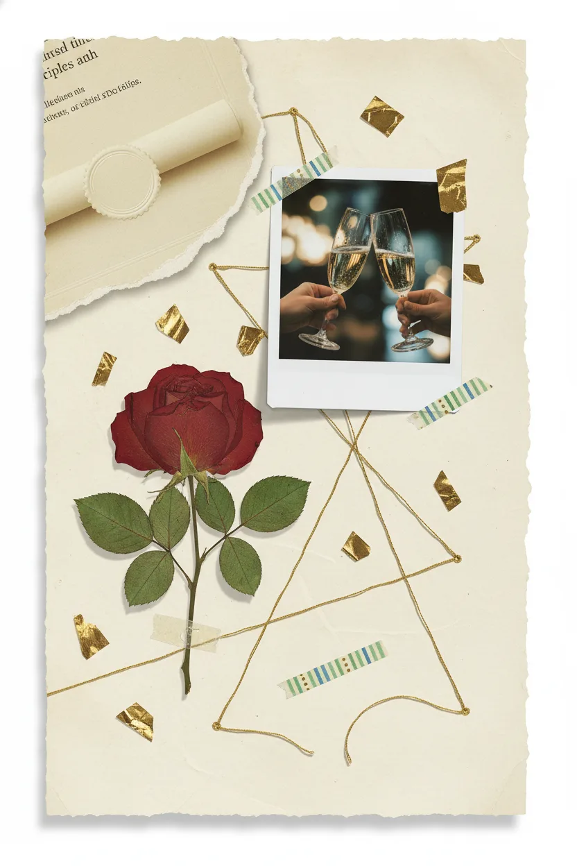 A mixed-media milestone collage with diploma, polaroid, and gold confetti